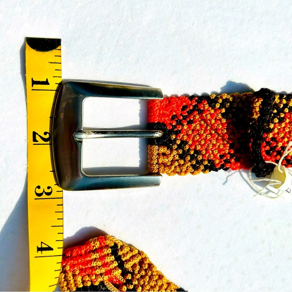 Macrame Belt Orange Black Metal Buckle Handcrafted